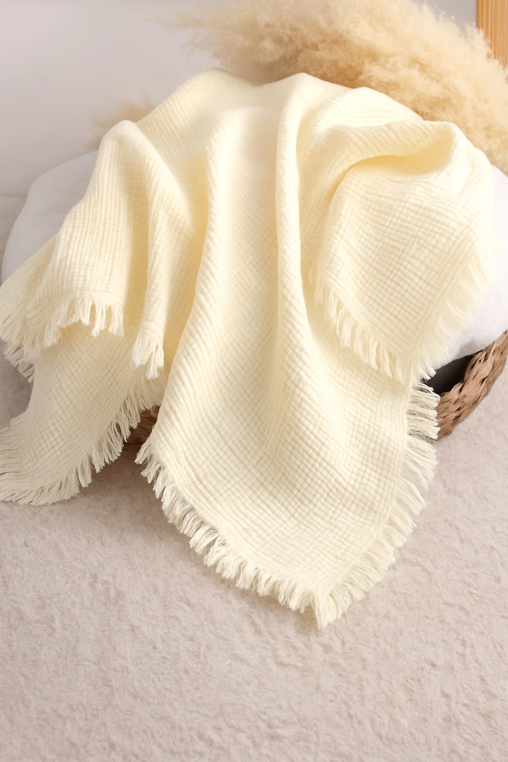 0232 Püskül Kenarlı 4 Kat Müslin Battaniye - Ekru