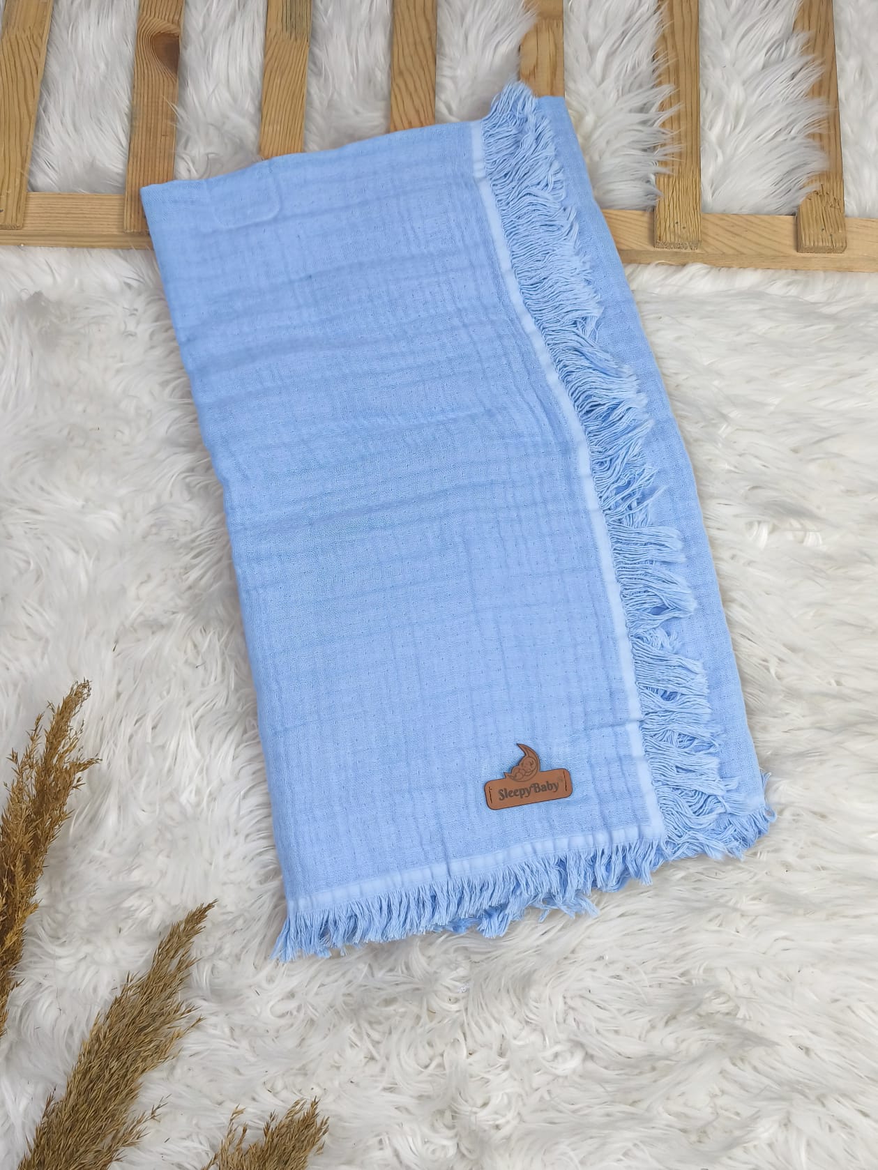 0232 Püskül Kenarlı 4 Kat Müslin Battaniye - Mavi