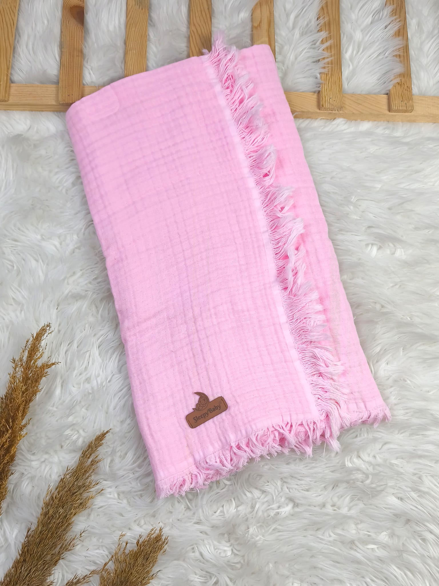 0232 Püskül Kenarlı 4 Kat Müslin Battaniye - Pembe