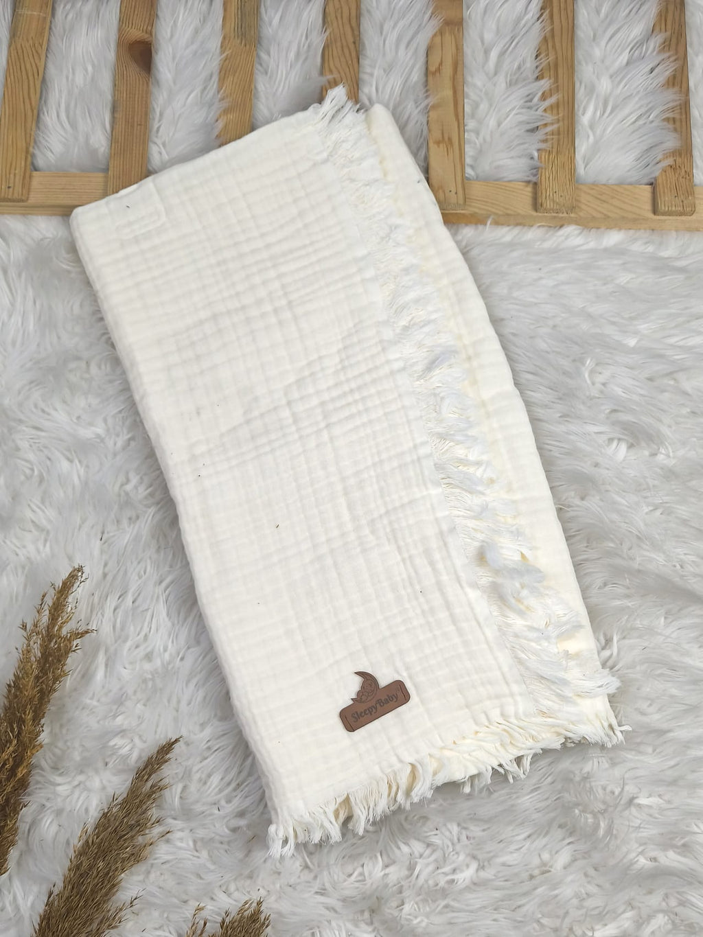 0232 Püskül Kenarlı 4 Kat Müslin Battaniye - Ekru