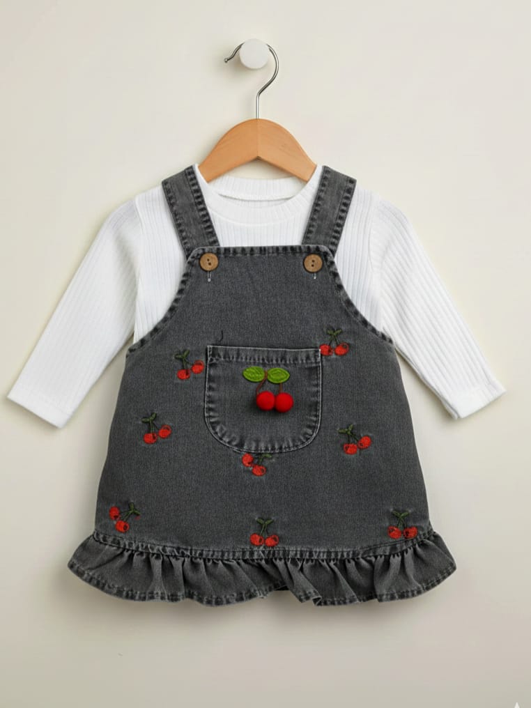 9508 KİRAZ NAKIŞLI KOT SALOPET ELBİSE