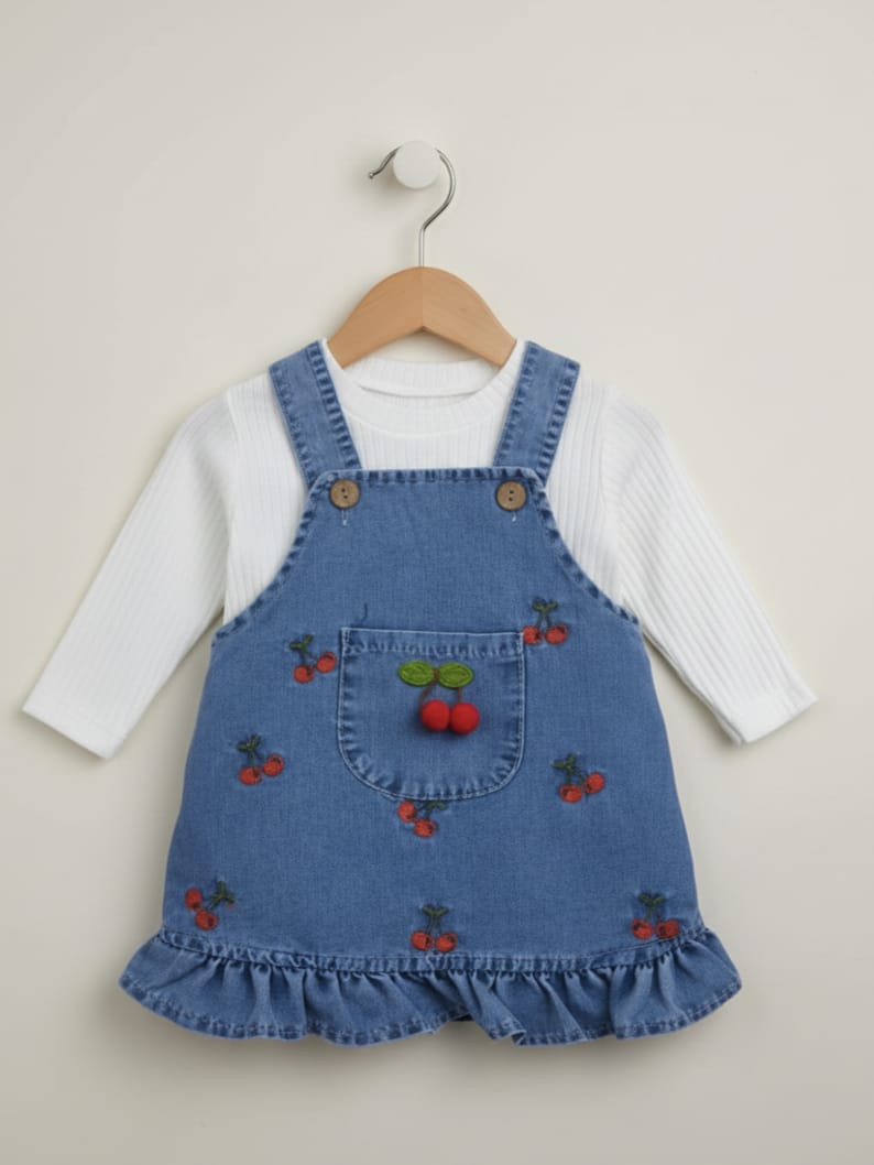 9508 KİRAZ NAKIŞLI KOT SALOPET ELBİSE