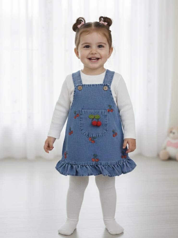 9508 KİRAZ NAKIŞLI KOT SALOPET ELBİSE