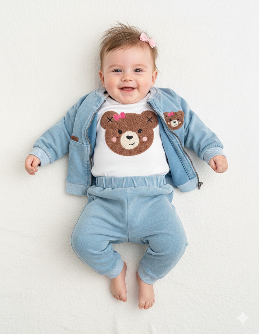 4798 Ayıcık Nakışlı Kız Kot Hırkalı Takım