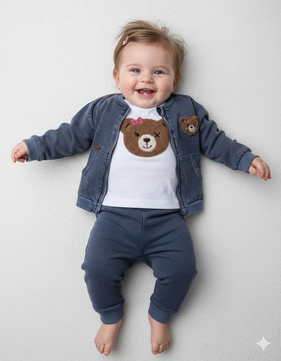 4798 Ayıcık Nakışlı Kız Kot Hırkalı Takım