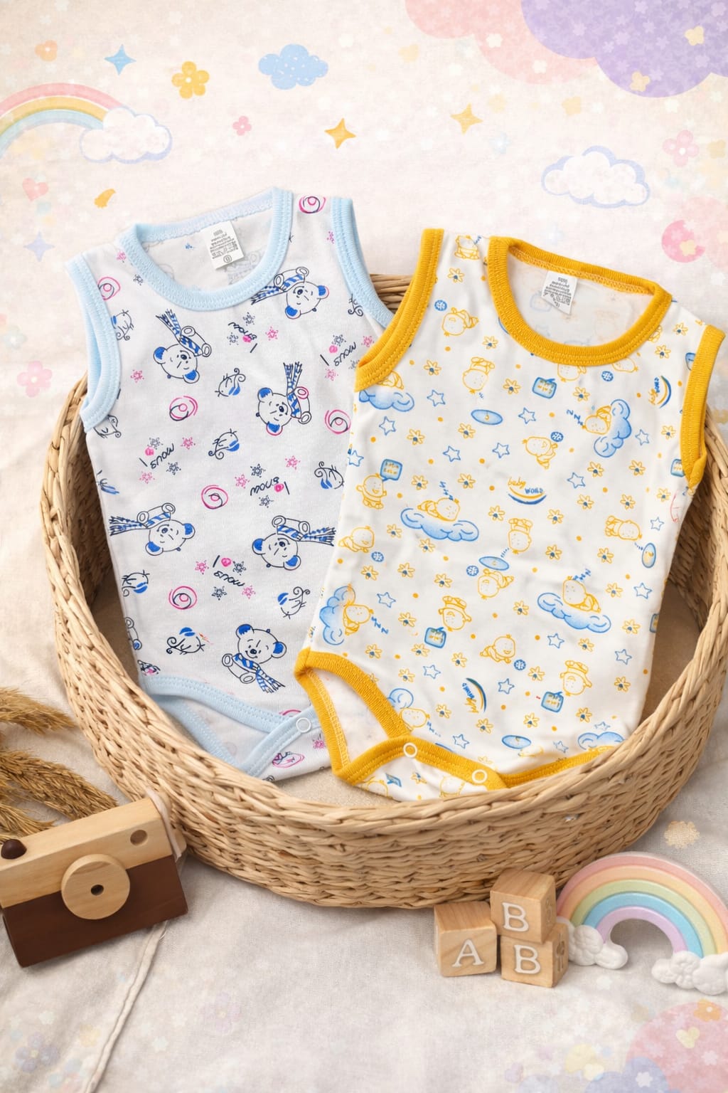 2507 Erkek Bebek 2'li Desenli Penye Çıtçıtlı Body Seti