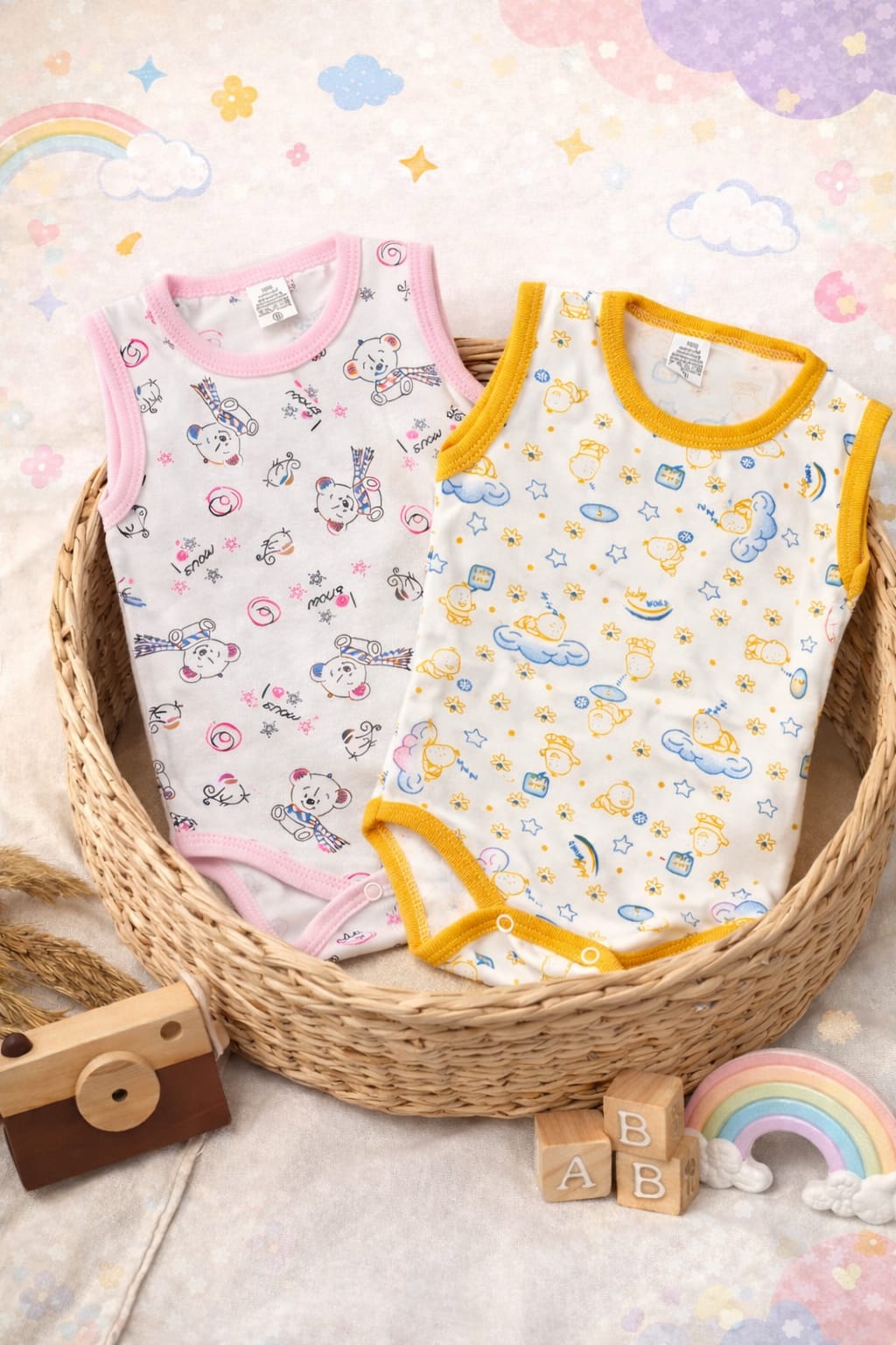 2507 Kız Bebek 2'li Desenli Penye  Çıtçıtlı Body Seti