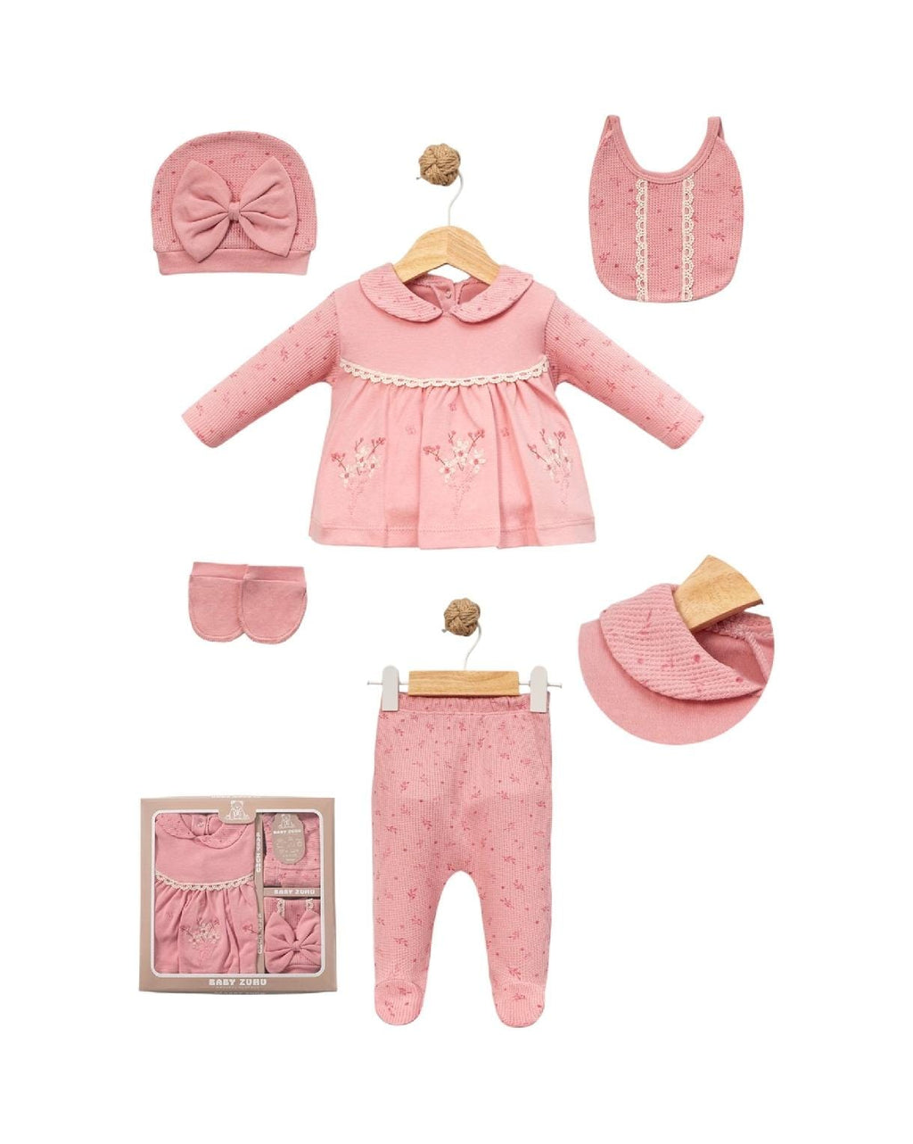 451026 Waffle Bebe Yaka Çiçek Nakışlı 5'li Hastane Çıkışı Seti