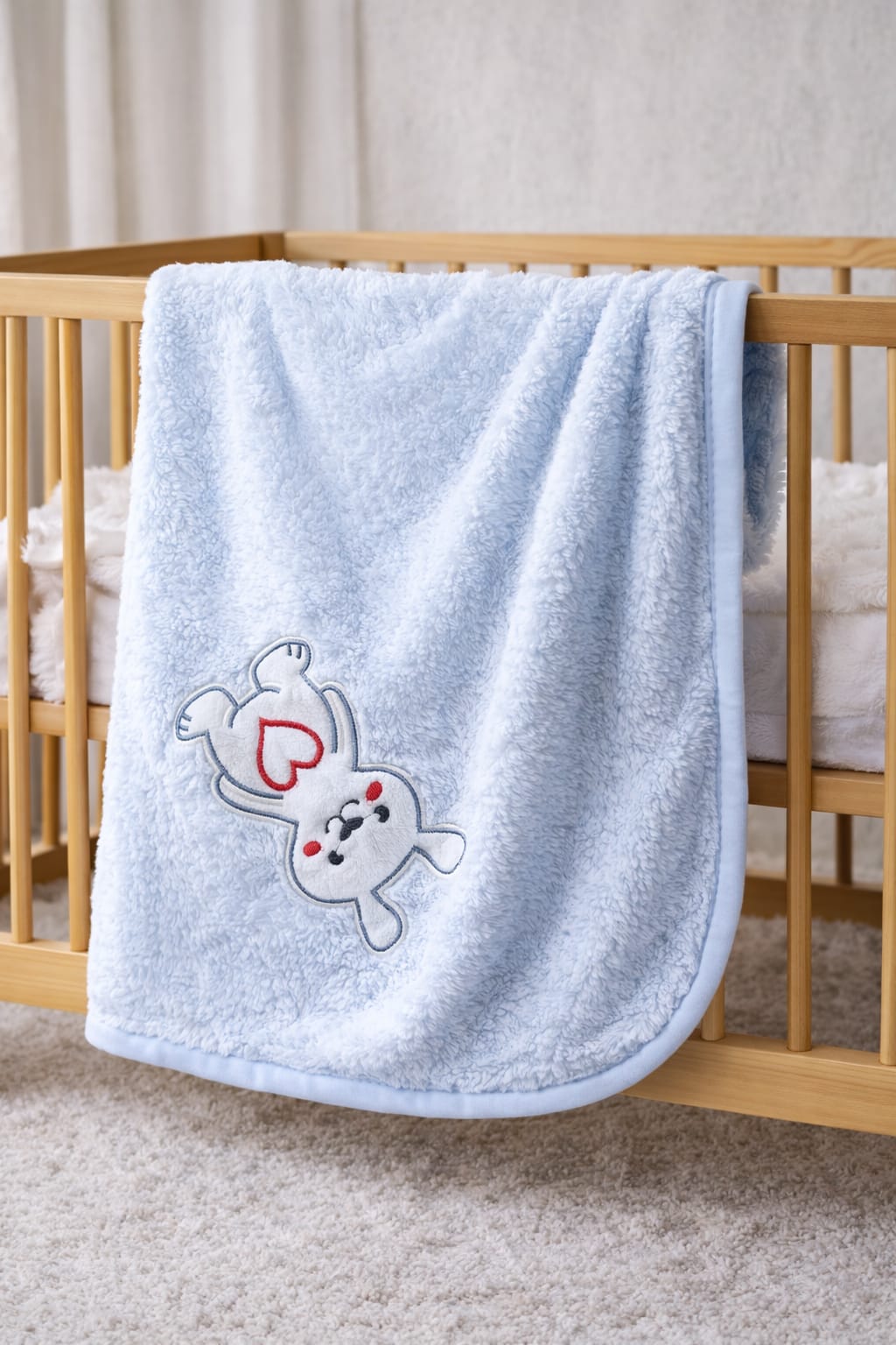 0235 Tavşan Nakışlı Peluş Battaniye - Mavi