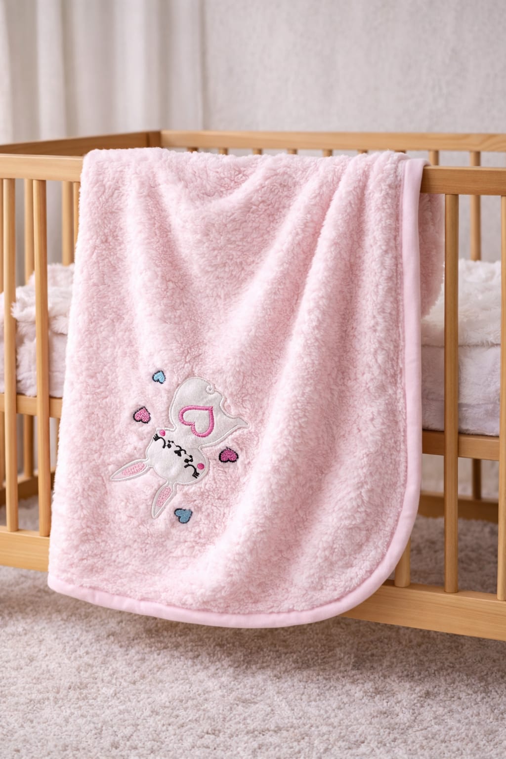 0235 Tavşan Nakışlı Peluş Battaniye - Pembe