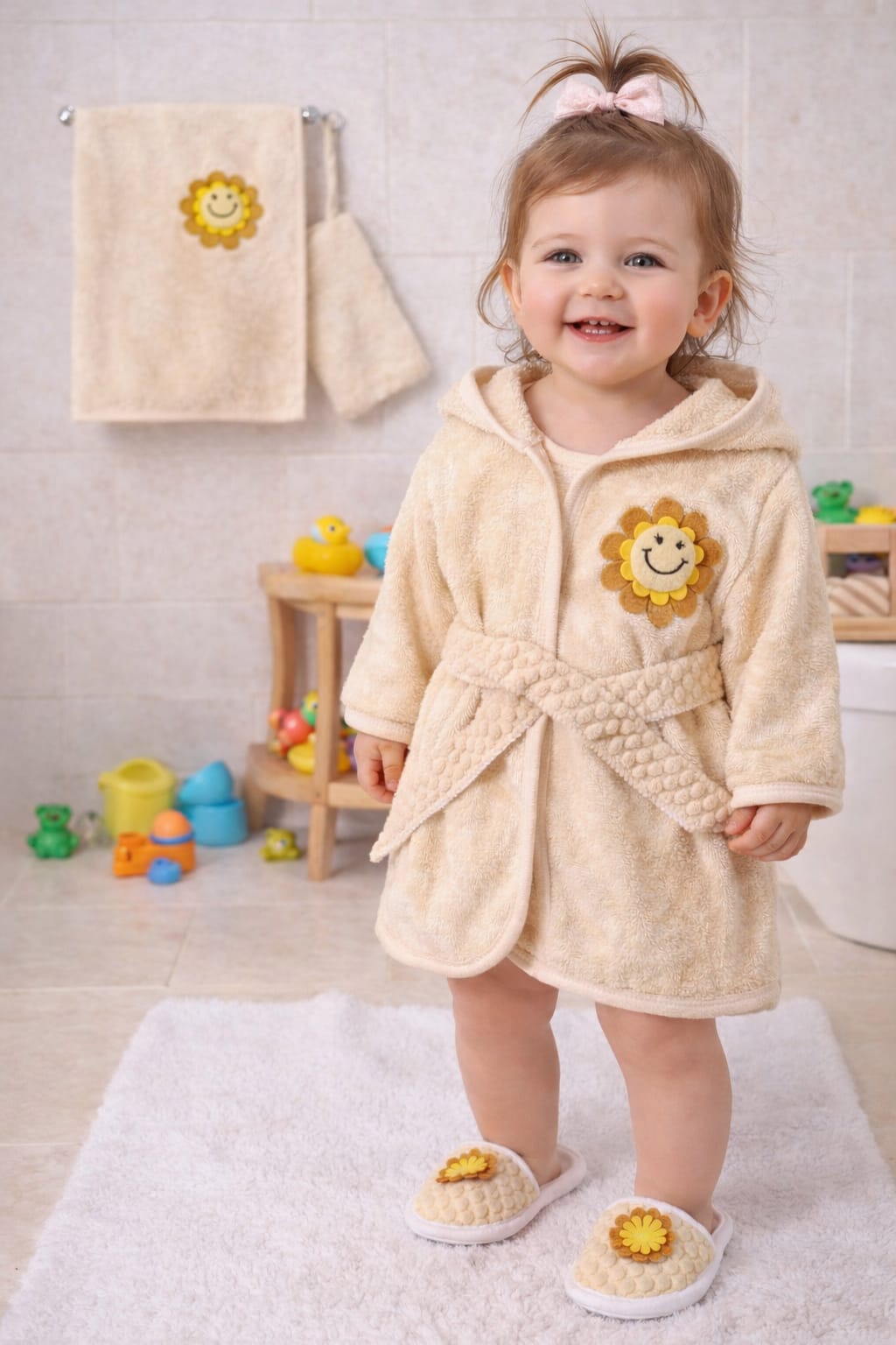 PAPATYA ÇİÇEK DETAYLI BEBE BORNOZ SETİ