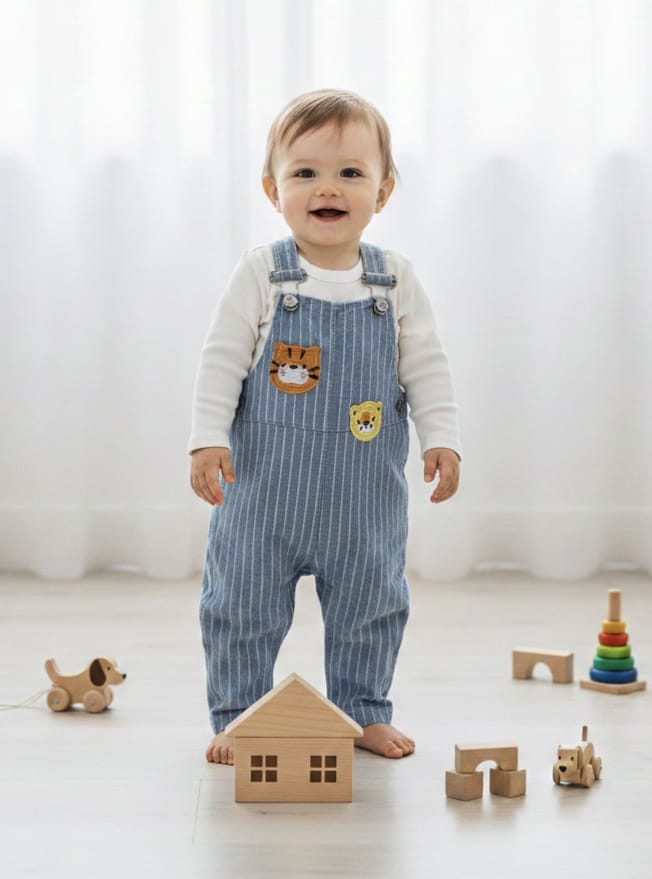 8119 Kaplan Nakışlı Çizgili Kot Salopet Tulum