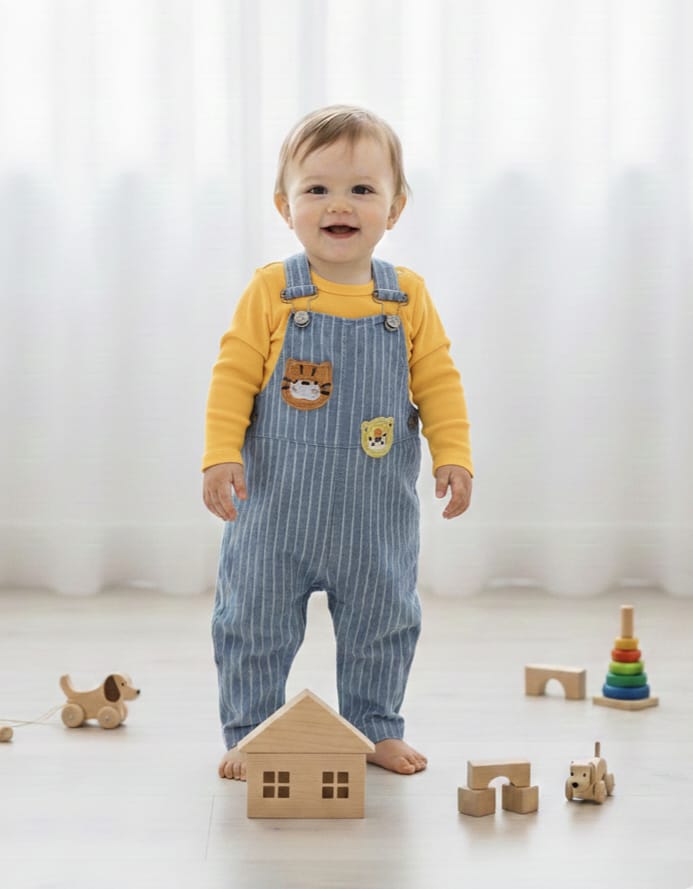 8119 Kaplan Nakışlı Çizgili Kot Salopet Tulum