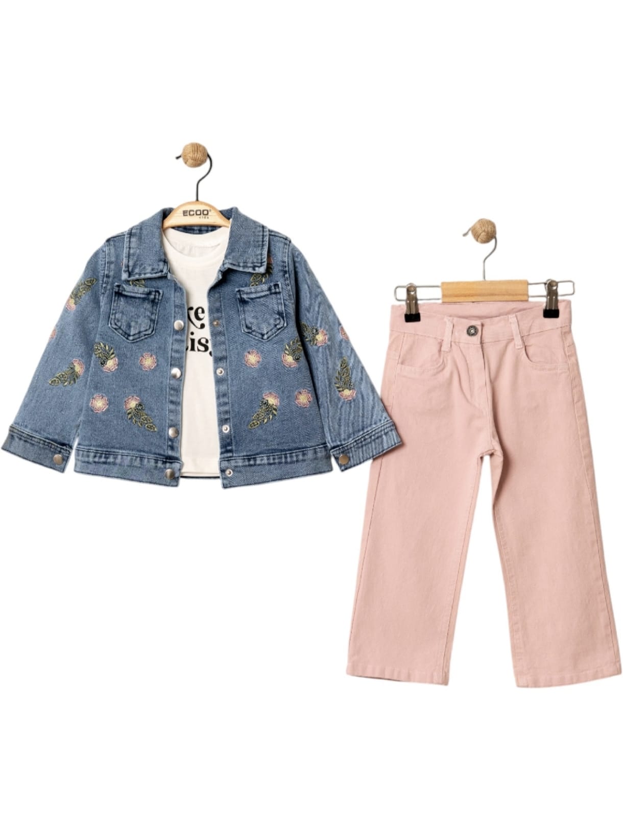 448607 ÇİÇEK NAKIŞLI KOT CEKETLİ 3'LÜ TAKIM