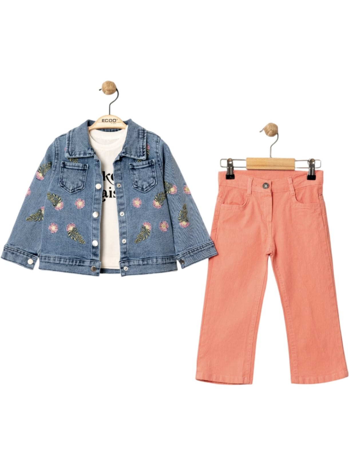 448607 ÇİÇEK NAKIŞLI KOT CEKETLİ 3'LÜ TAKIM