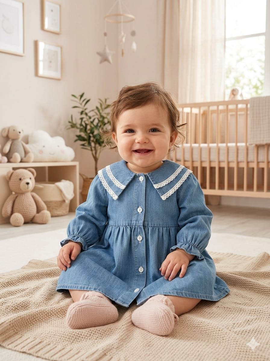 453686 Dantel Yaka Detaylı Önden Düğmeli Kot Elbise