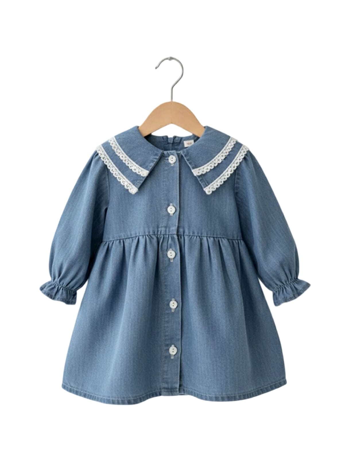 453686 Dantel Yaka Detaylı Önden Düğmeli Kot Elbise