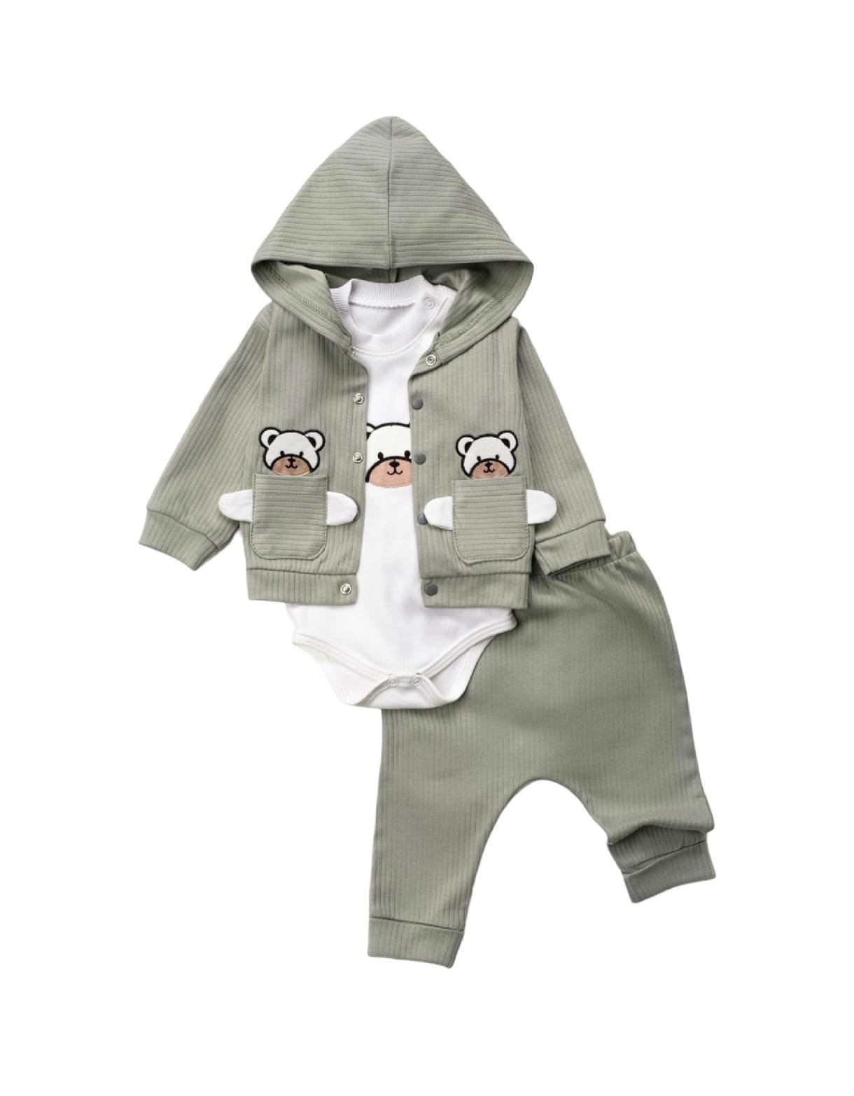 449015 Ayıcık Nakışlı Kapşonlu Hırkalı 3'lü Takım