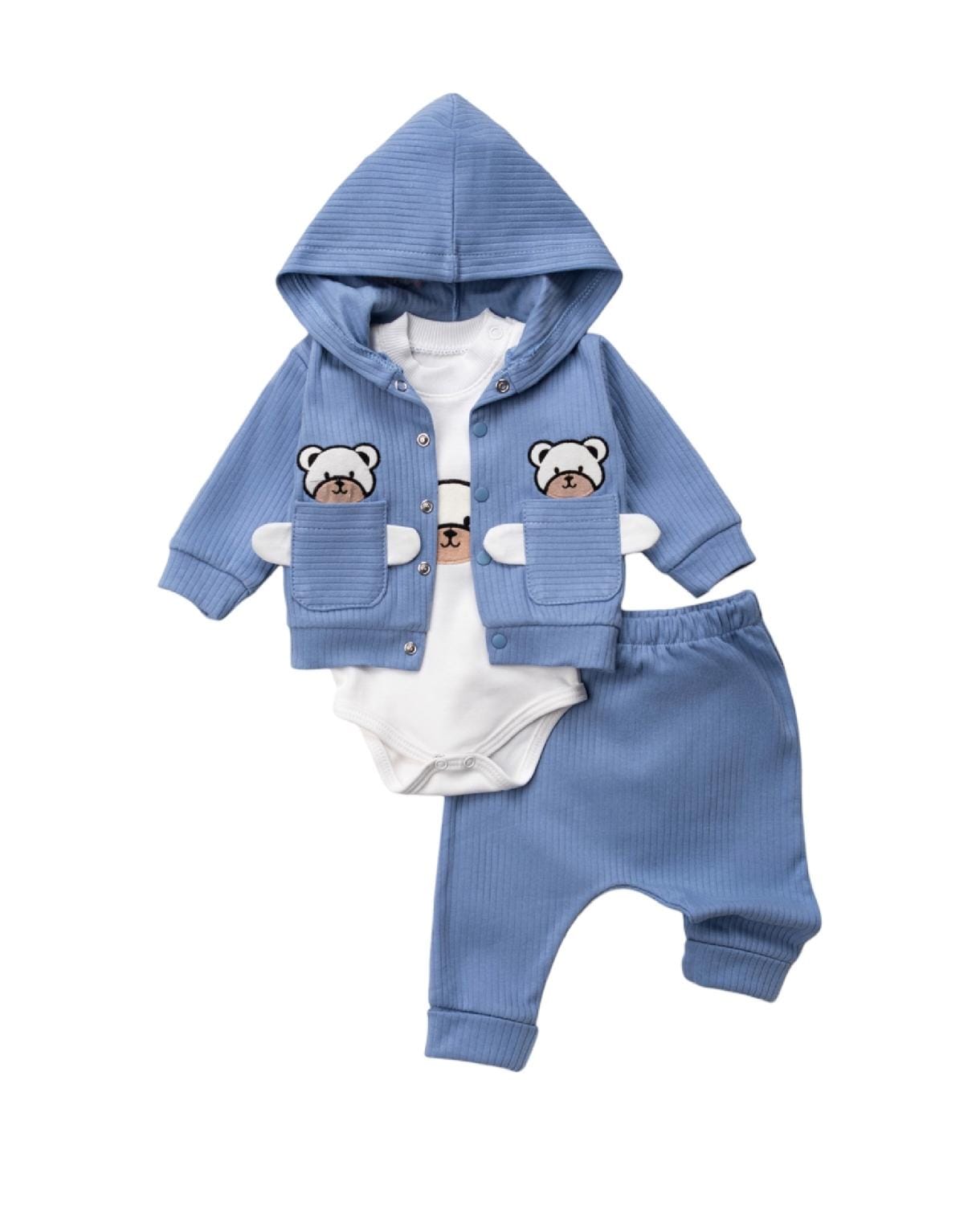 449015 Ayıcık Nakışlı Kapşonlu Hırkalı 3'lü Takım