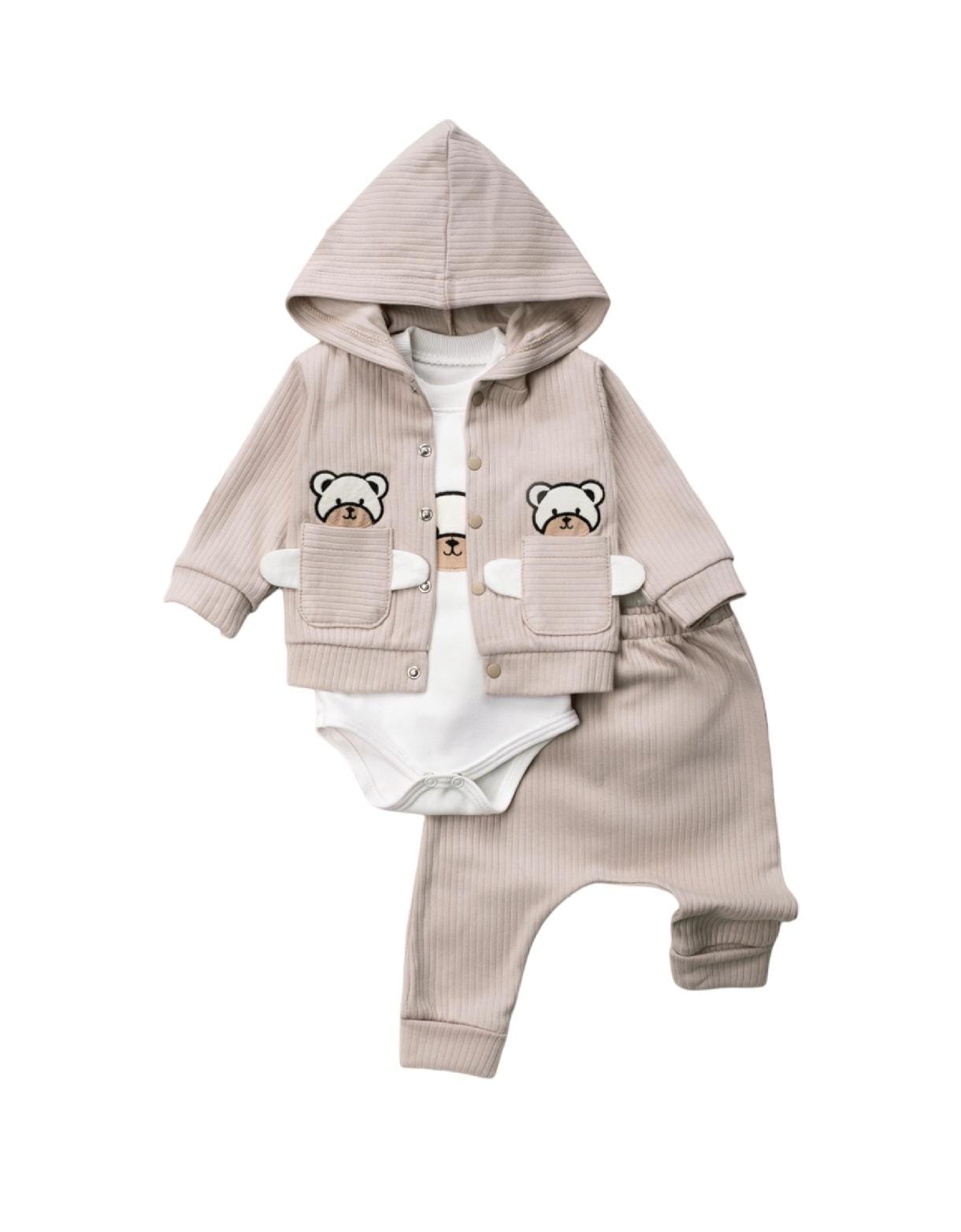 449015 Ayıcık Nakışlı Kapşonlu Hırkalı 3'lü Takım