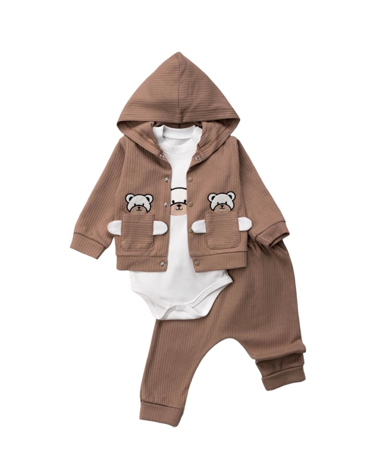 449015 Ayıcık Nakışlı Kapşonlu Hırkalı 3'lü Takım