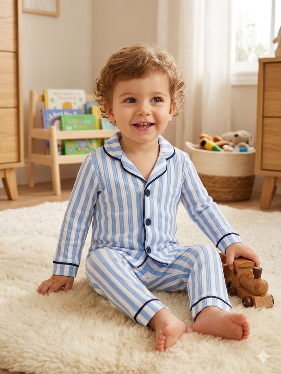 444756 Çizgili Yakalı Önden Düğmeli Pijama Takımı