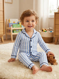 444756 Çizgili Yakalı Önden Düğmeli Pijama Takımı