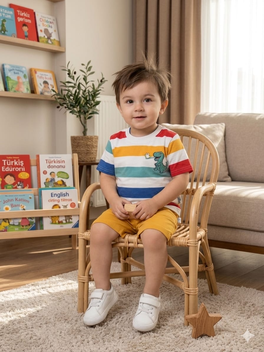3036 Dino Çizgili Penye Şortlu Takım
