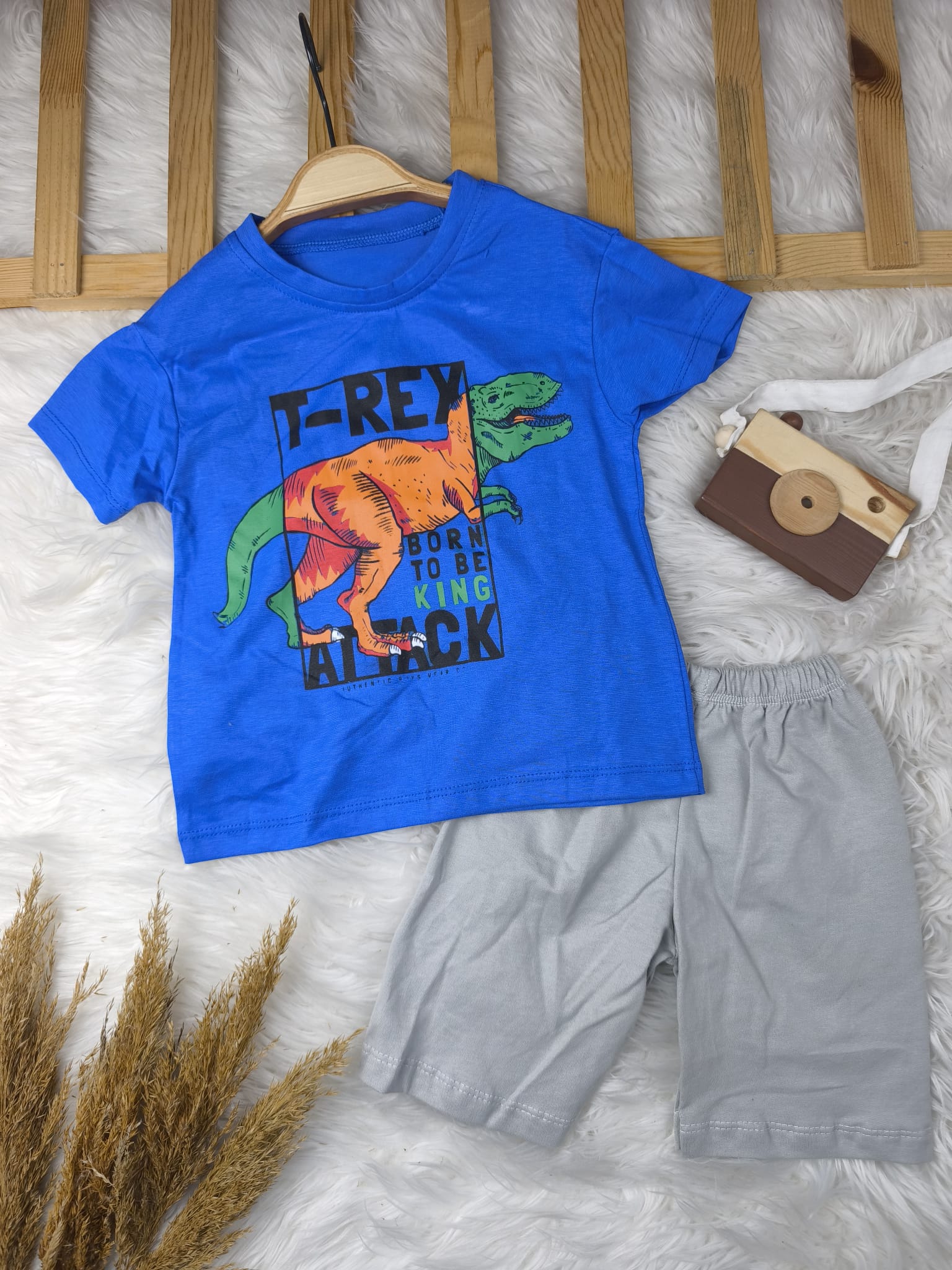 3335 Dinozor Baskılı Şortlu Takım