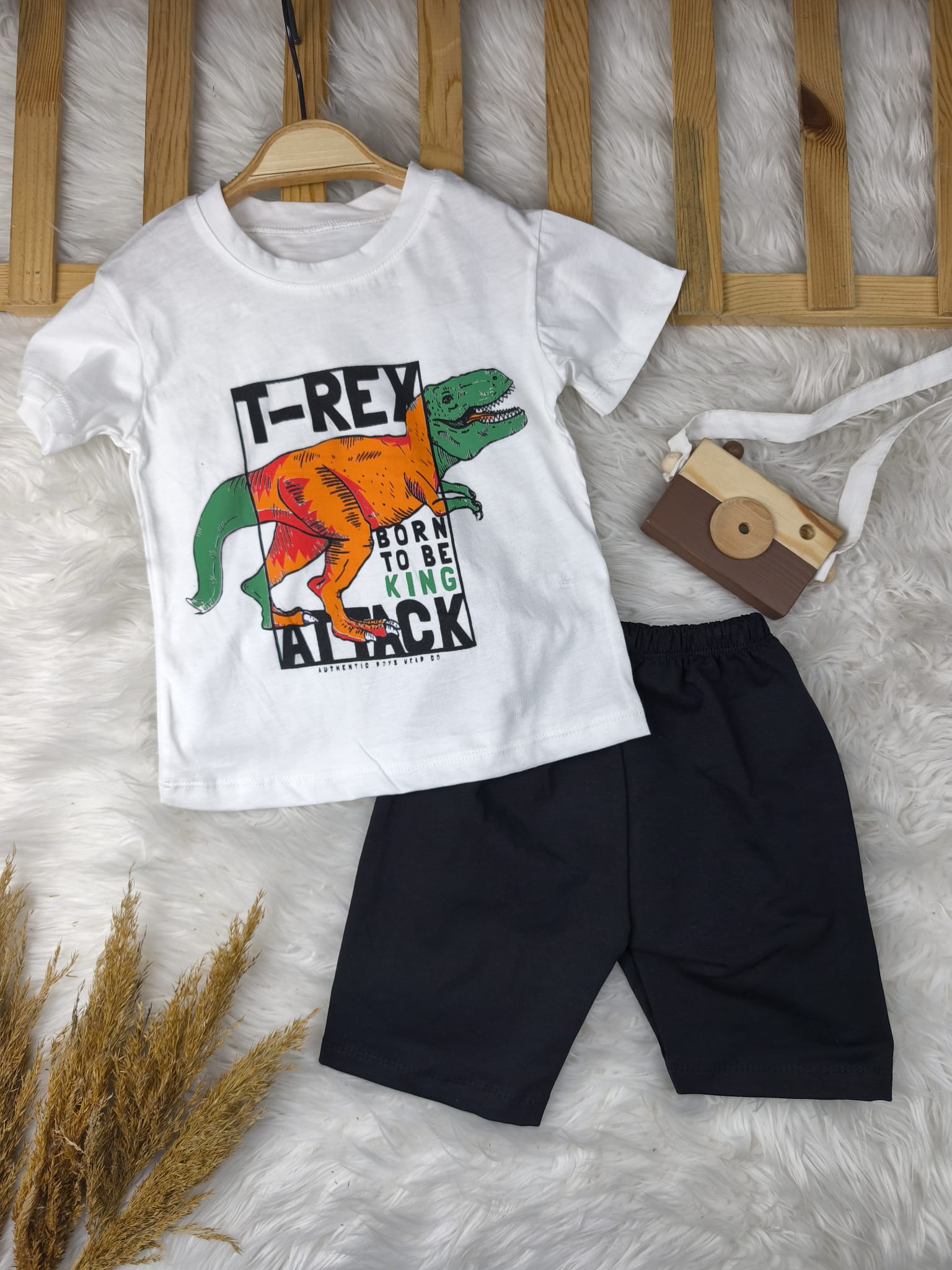 3335 Dinozor Baskılı Şortlu Takım