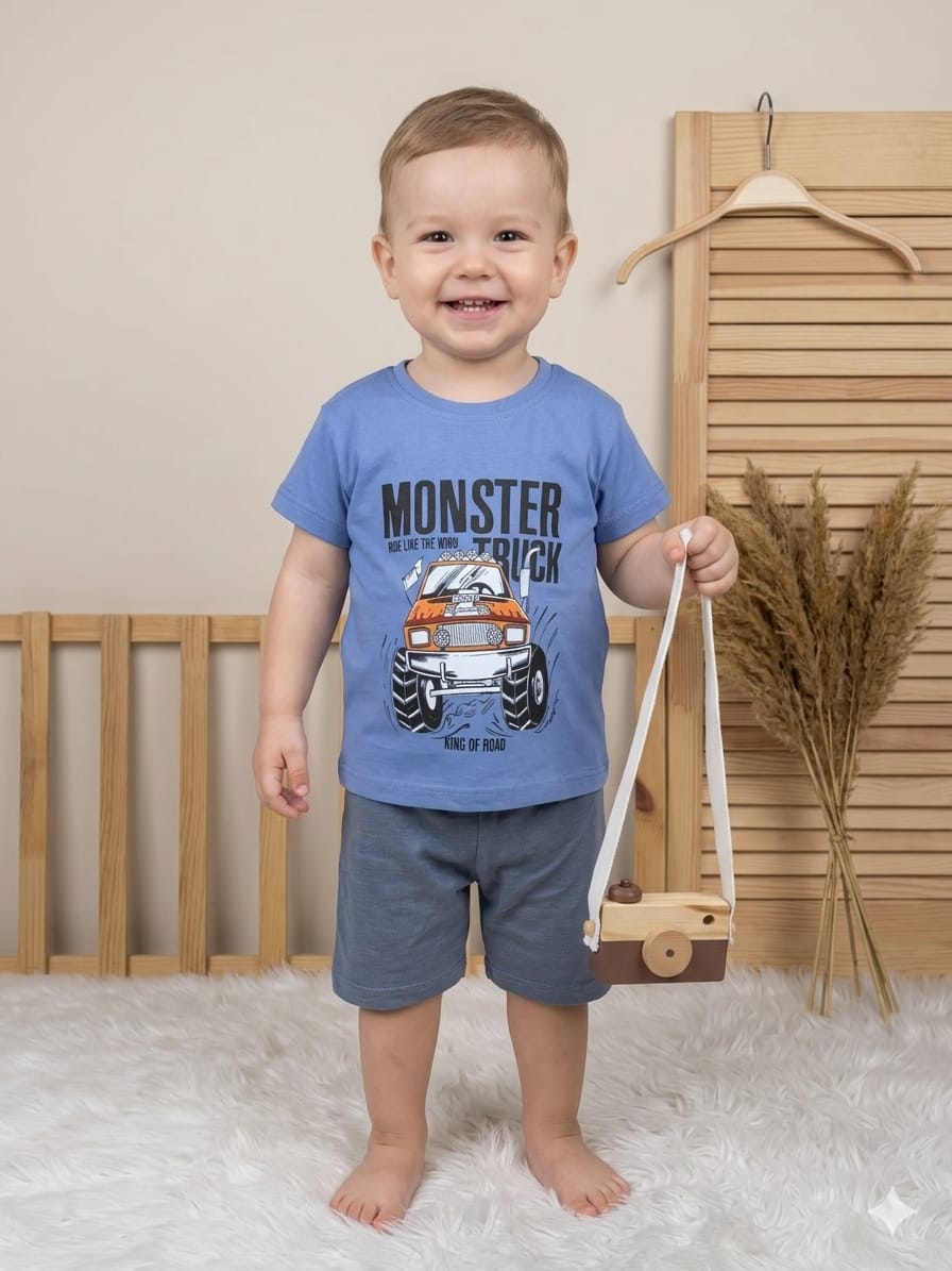 3337 Monster Baskılı Şortlu Takım
