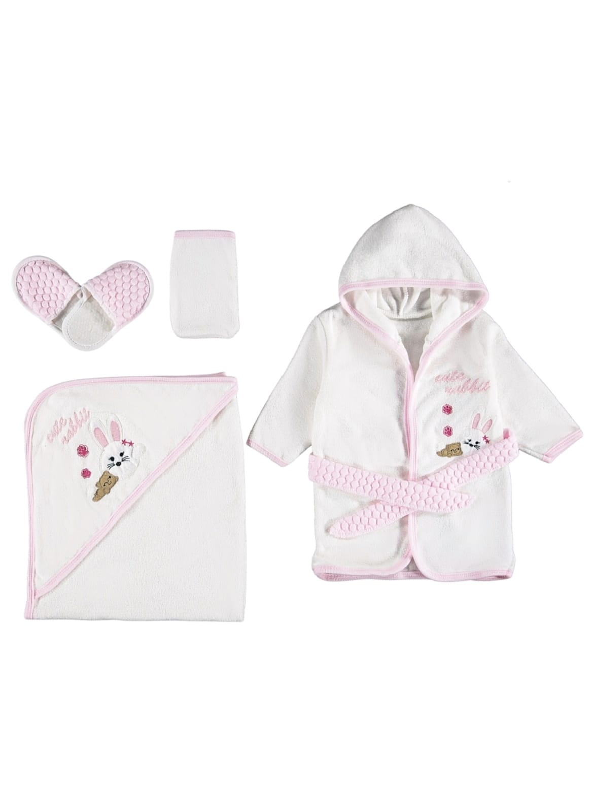 425039 Rabbit Tavşan Havuç Nakışlı 4'lü Bornoz Seti - Pembe