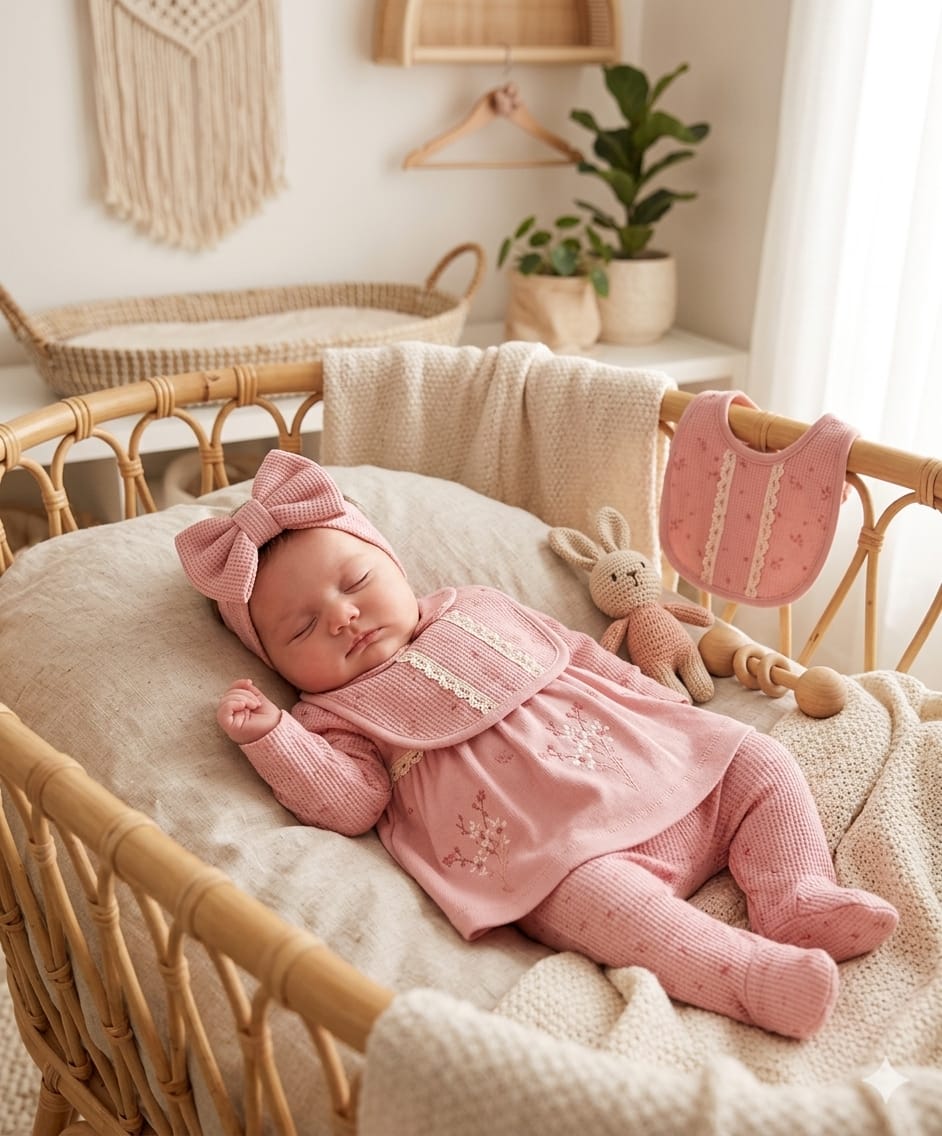 451026 Waffle Bebe Yaka Çiçek Nakışlı 5'li Hastane Çıkışı Seti