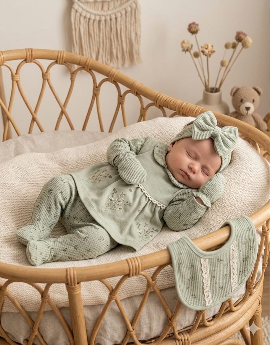 451026 Waffle Bebe Yaka Çiçek Nakışlı 5'li Hastane Çıkışı Seti