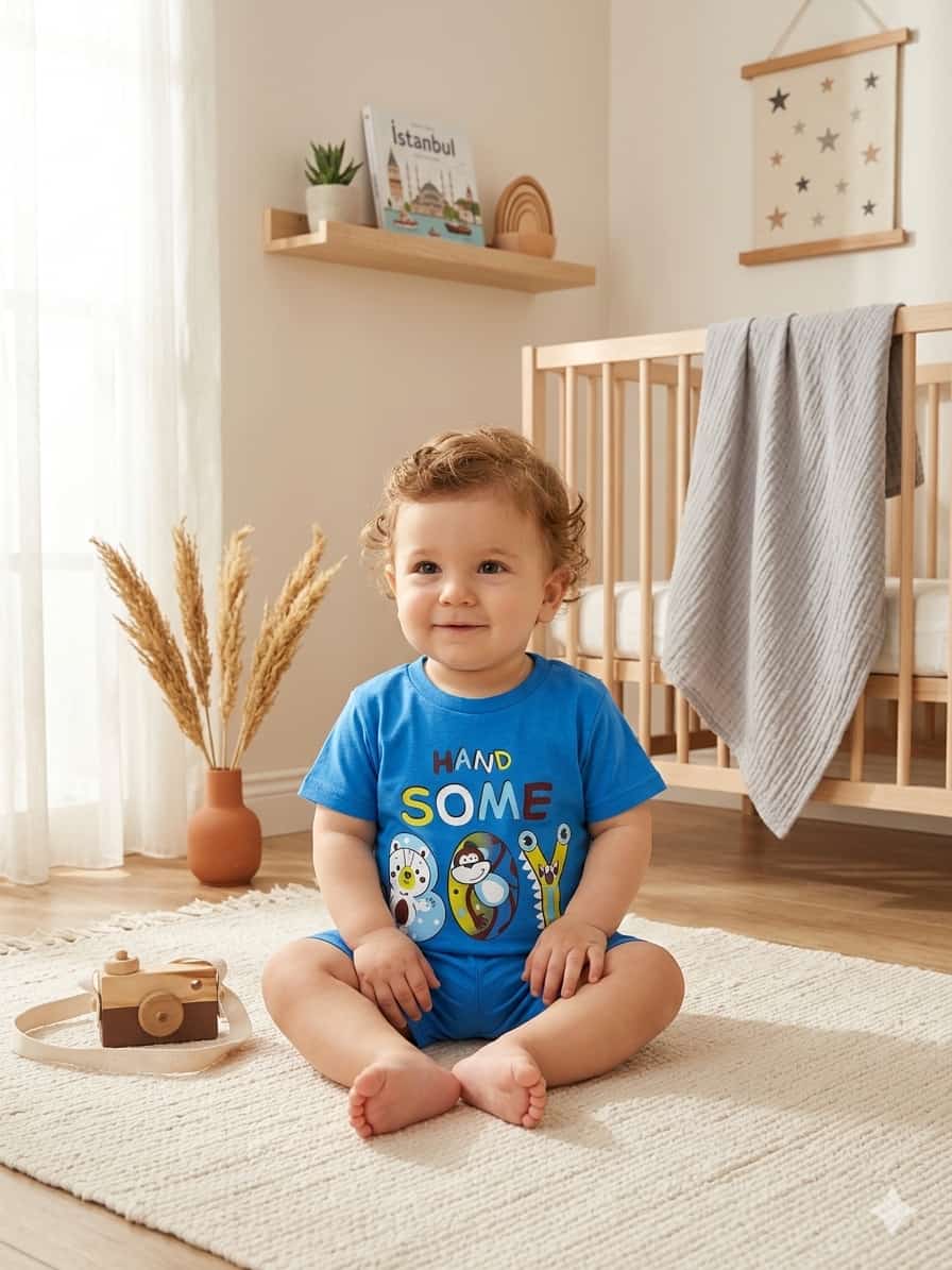 0150 Boy Yazılı Şortlu Penye Takım