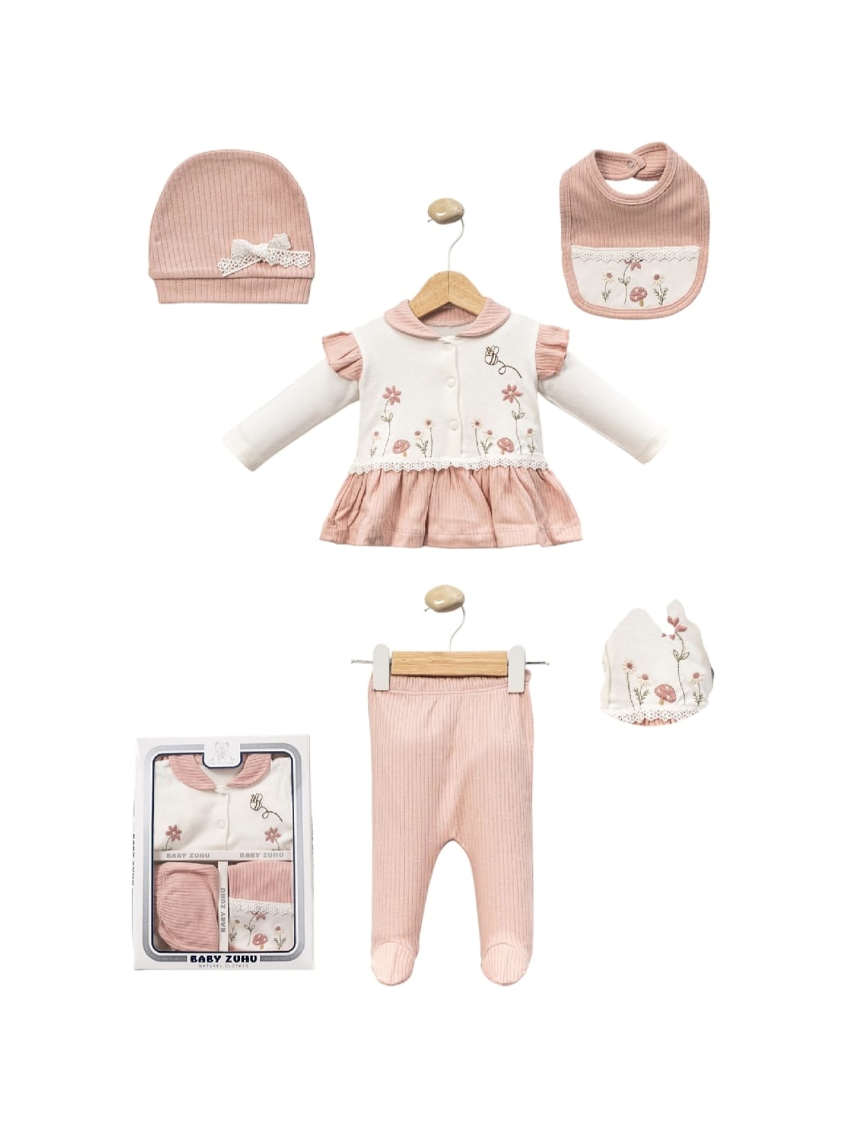 445516 Arı Çiçek Nakışlı 5'li Hastane Çıkışı Seti