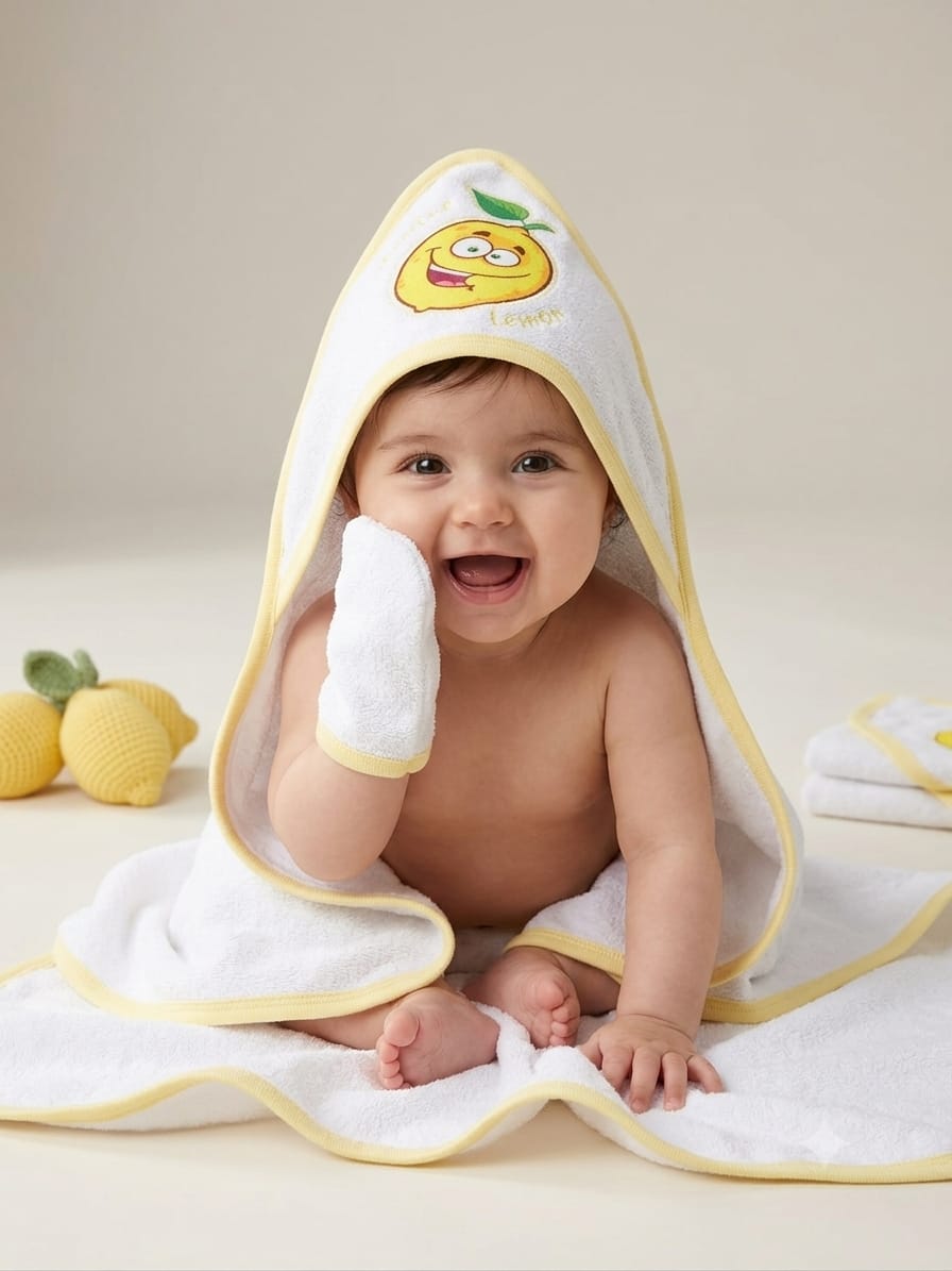389041 LİMON NAKIŞLI BEBE BANYO HAVLU