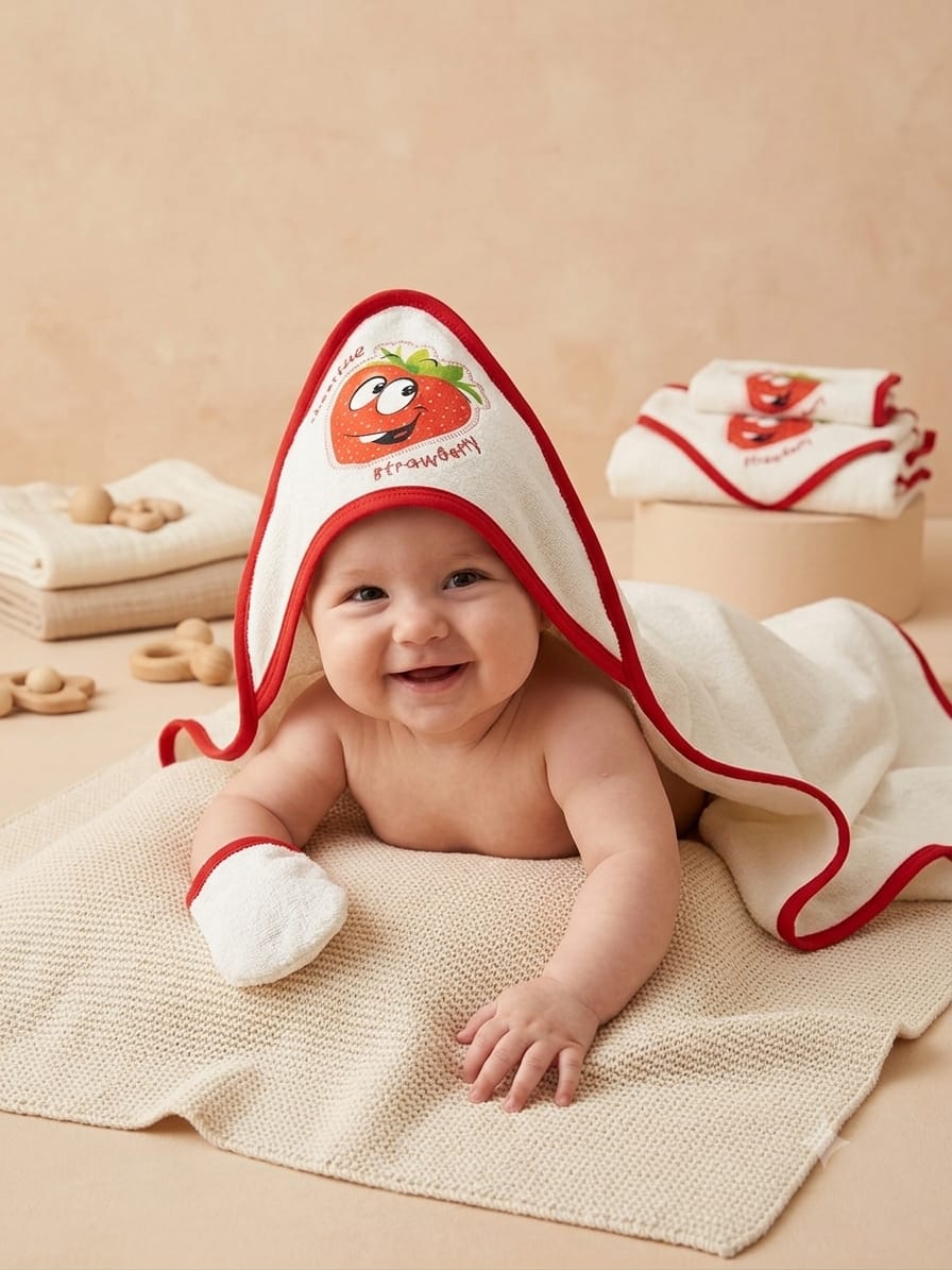 389036 ÇİLEK NAKIŞLI BEBE BANYO HAVLU