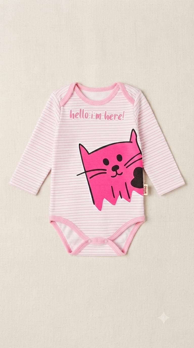 T2522 Çizgili Hello Yazılı Uzun Kol Penye Çıtçıtlı Body