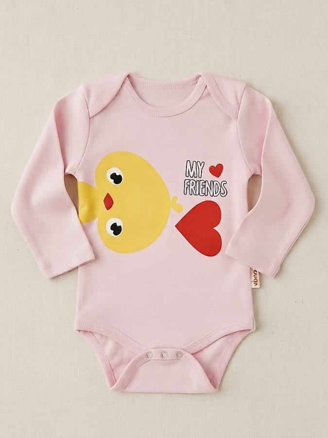 T2523 My Friends Yazılı Uzun Kol Penye Çıçıtlı Body