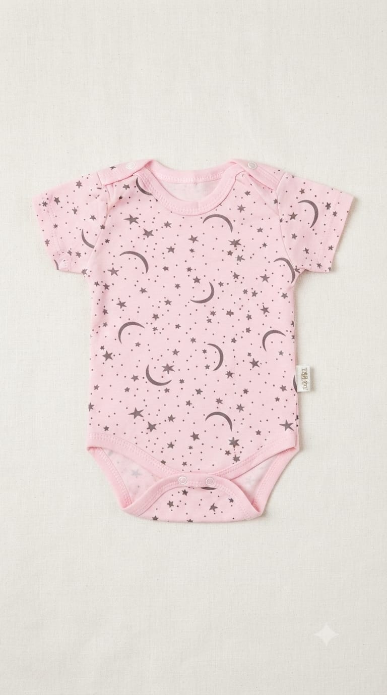 T2585 Nayinom Yıldız Ay Desen Kısa Kol Penye Çıtçıtlı Body - Pembe