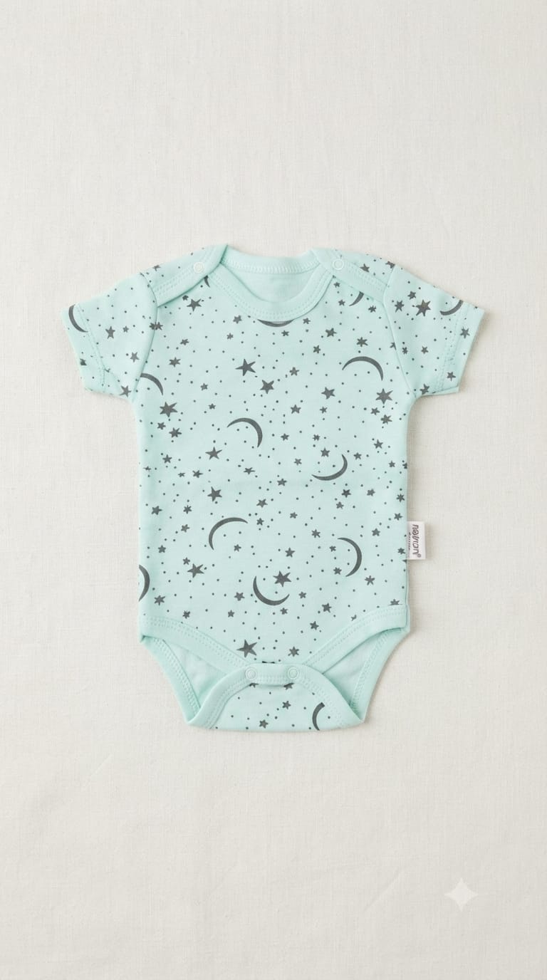T2585 Nayinom Yıldız Ay Desen Kısa Kol Penye Çıtçıtlı Body - Mint