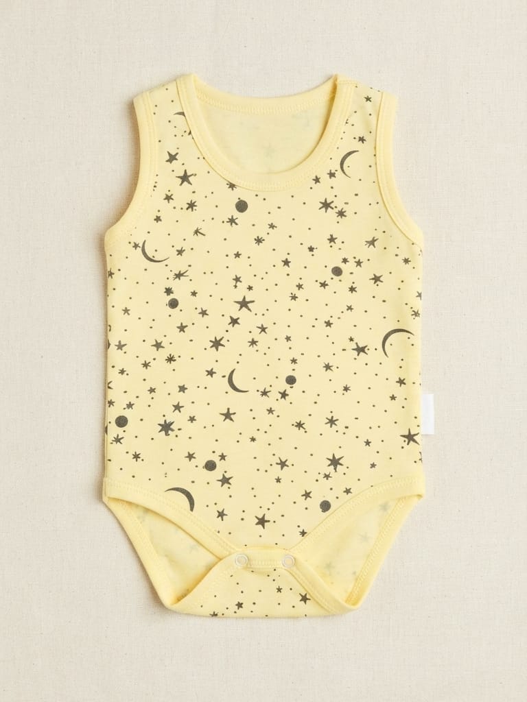 T2586 Yıldız Ay Desen Kolsuz Penye Çıtçıtlı Body - Sarı
