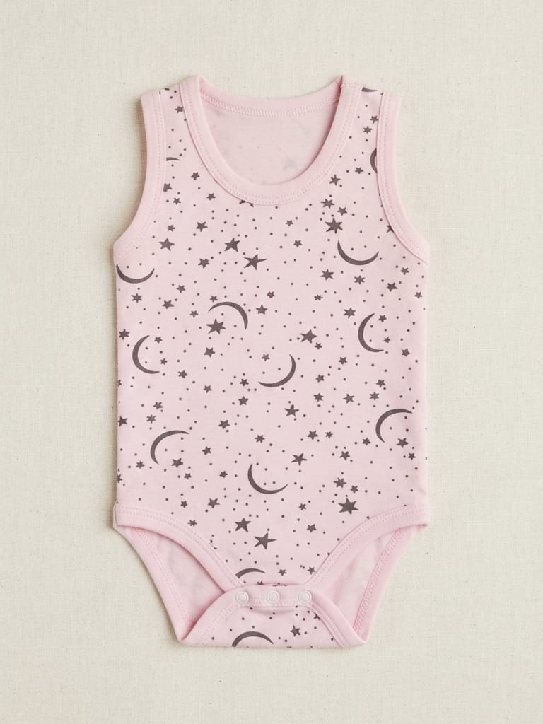T2586 Yıldız Ay Desen Kolsuz Penye Çıtçıtlı Body - Pembe