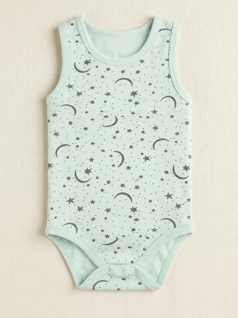 T2586 Yıldız Ay Desen Kolsuz Penye Çıtçıtlı Body - Mint