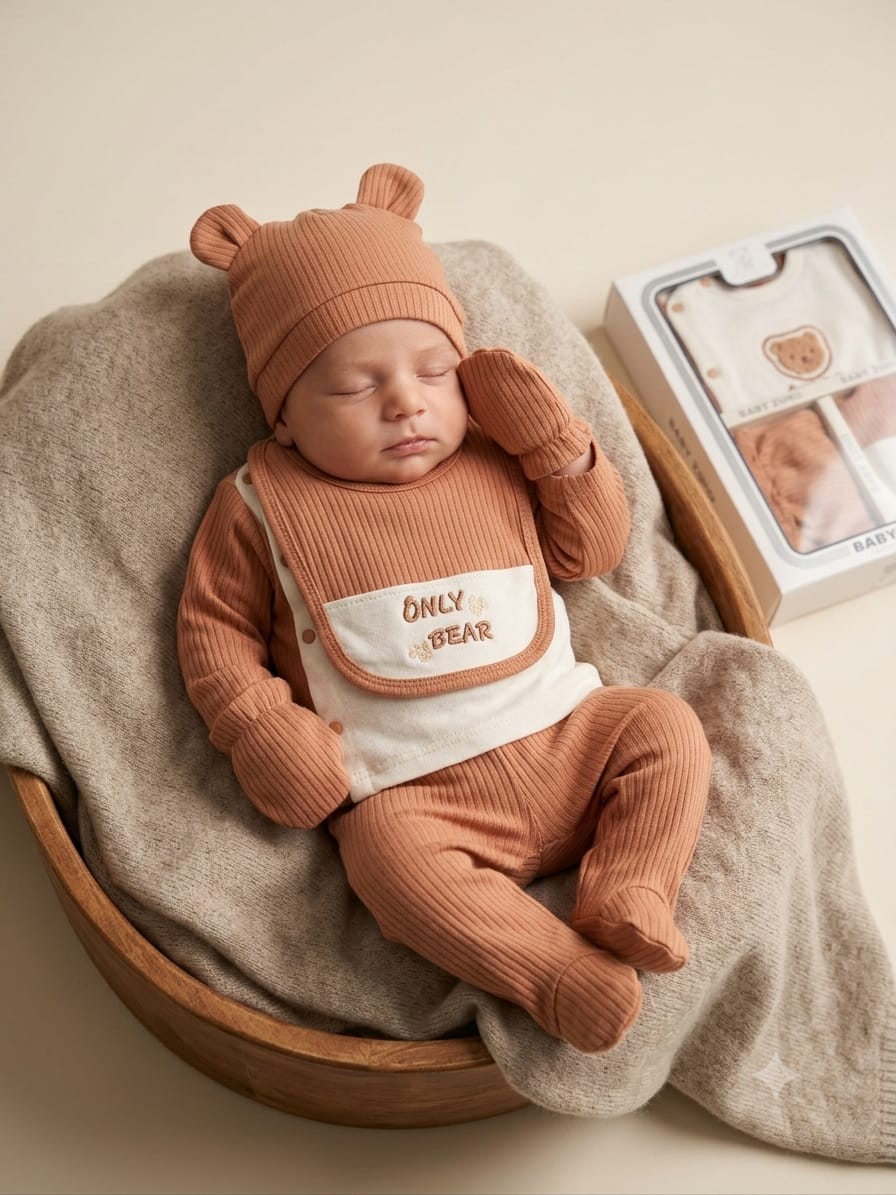 Only Bear Ayıcık Nakışlı Raporlu 5'li Hastane Çıkışı Seti - Kahve