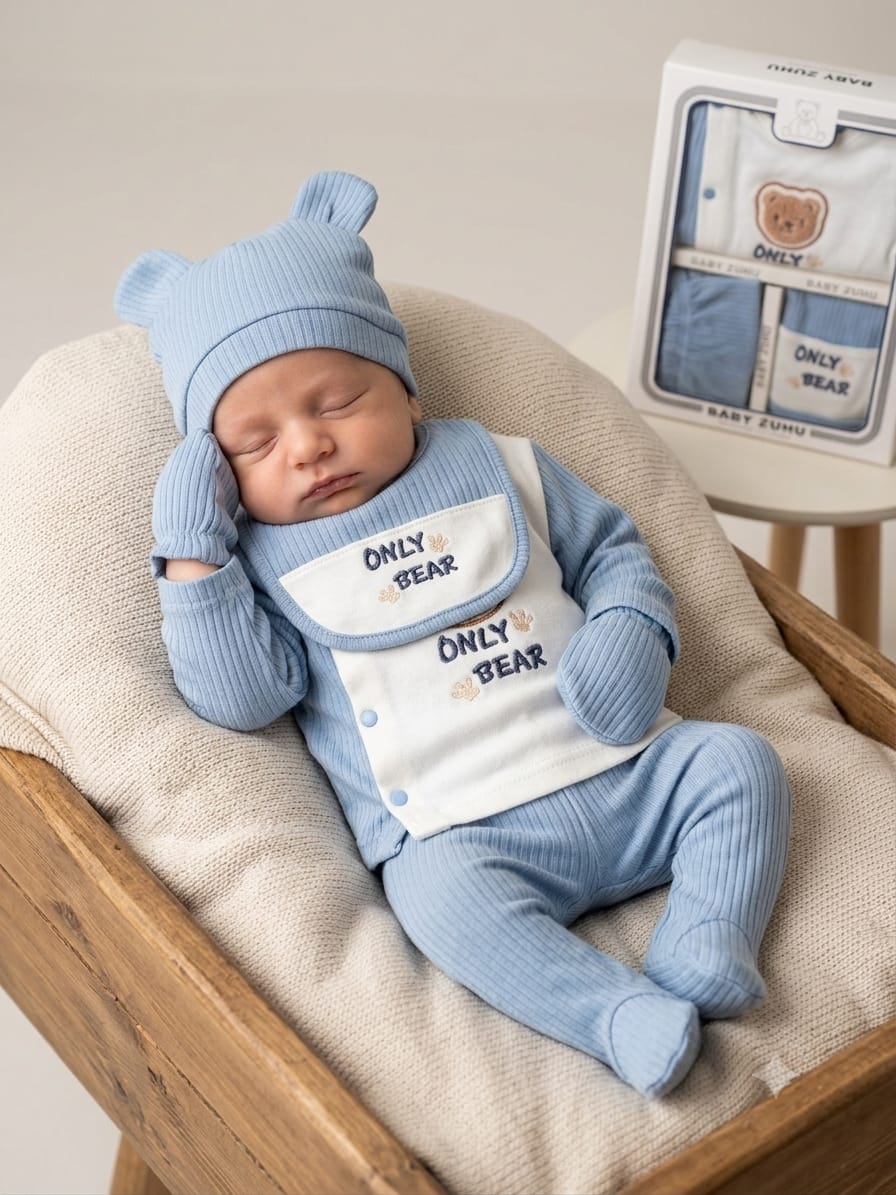 Only Bear Ayıcık Nakışlı Raporlu 5'li Hastane Çıkışı Seti - Mavi