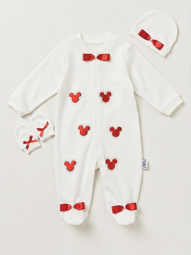 8144 Minnie Detay Taşlı Şapka ve Eldivenli Tulum Seti