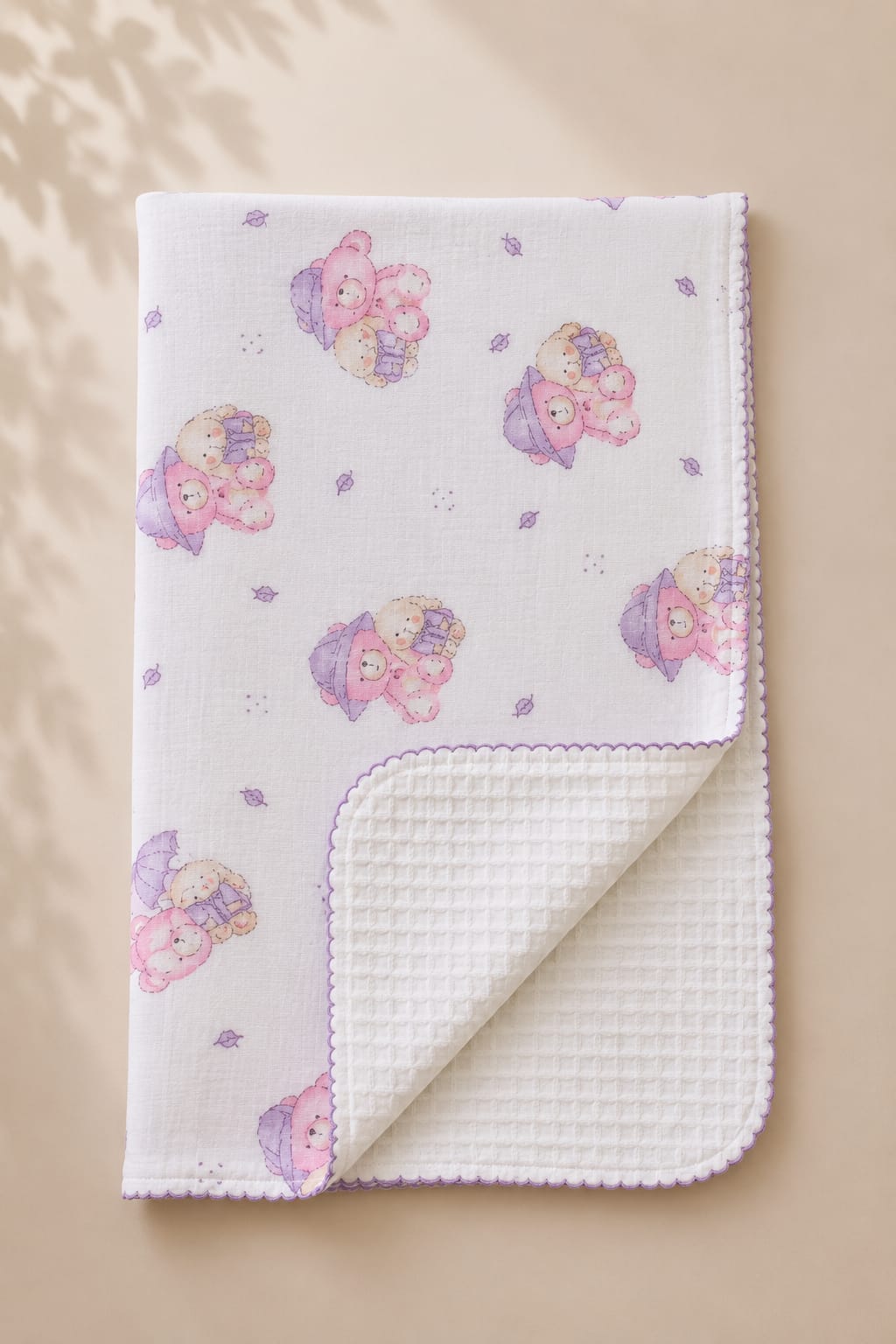 0260 Pembe Ayıcık Desenli Oyalı Pikeli Müslin Battaniye