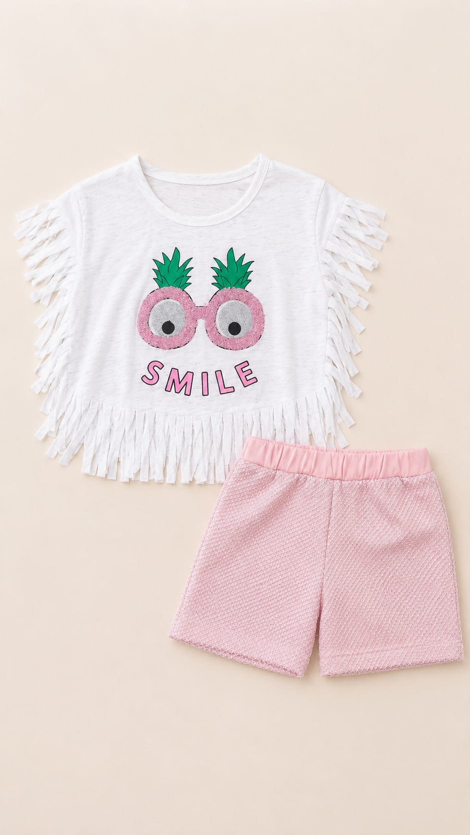 T0955 Smile Yazılı Püskül Detaylı Şortu Takım - Pembe